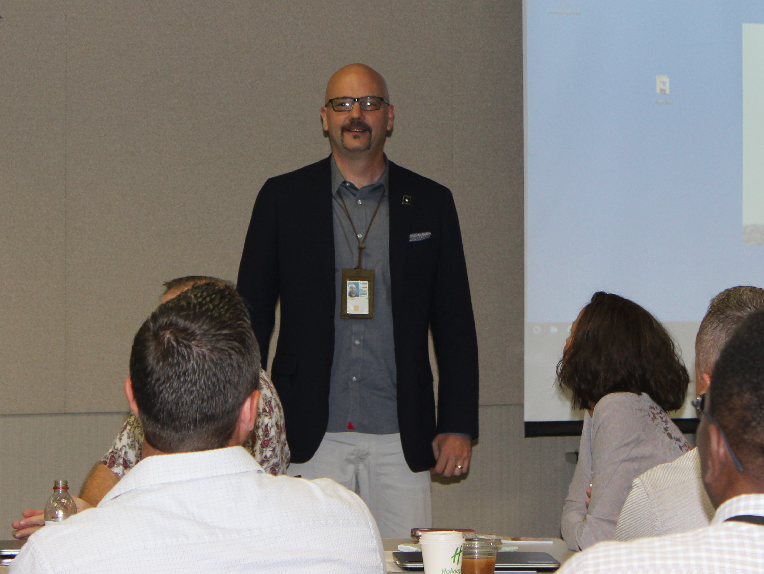 Hoeppel at an All-Hands meeting